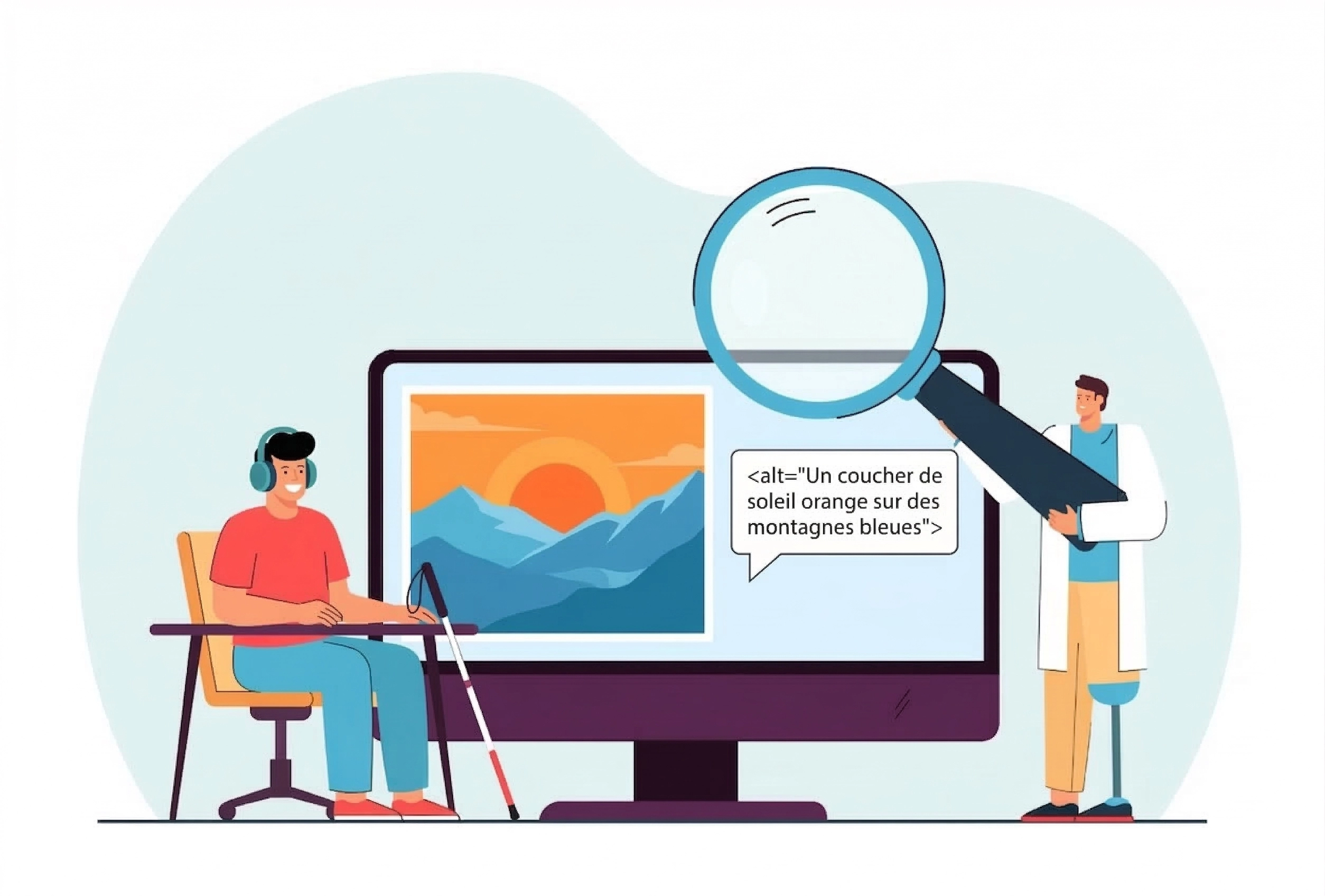 Illustration AccessiWeb expliquant l'importance du texte alternatif (balise alt) pour les images, montrant un utilisateur de lecteur d'écran naviguant sur une image de paysage de manière accessible.