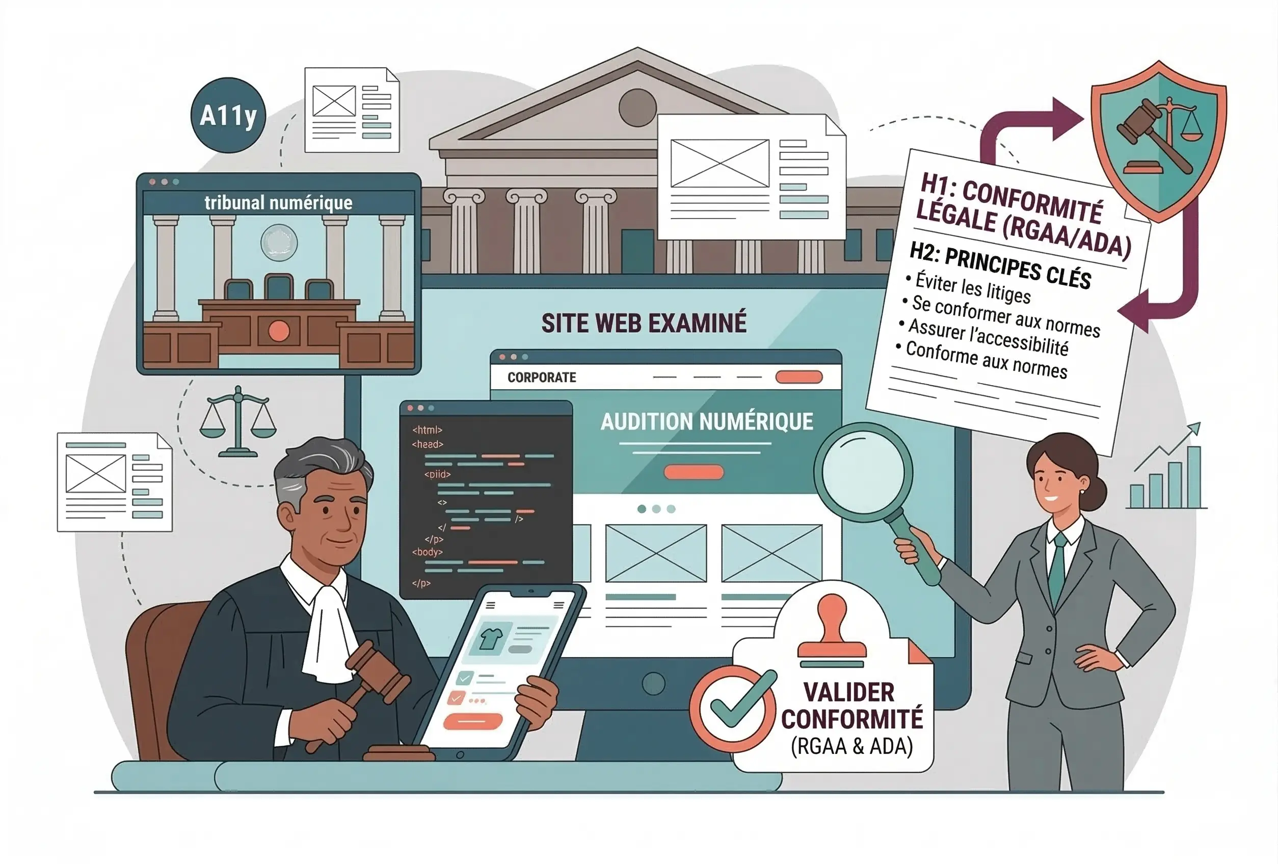 Illustration juridique AccessiWeb expliquant l'importance de la conformité légale en matière d'accessibilité numérique, mentionnant les normes RGAA et ADA pour protéger les sites web contre les litiges.