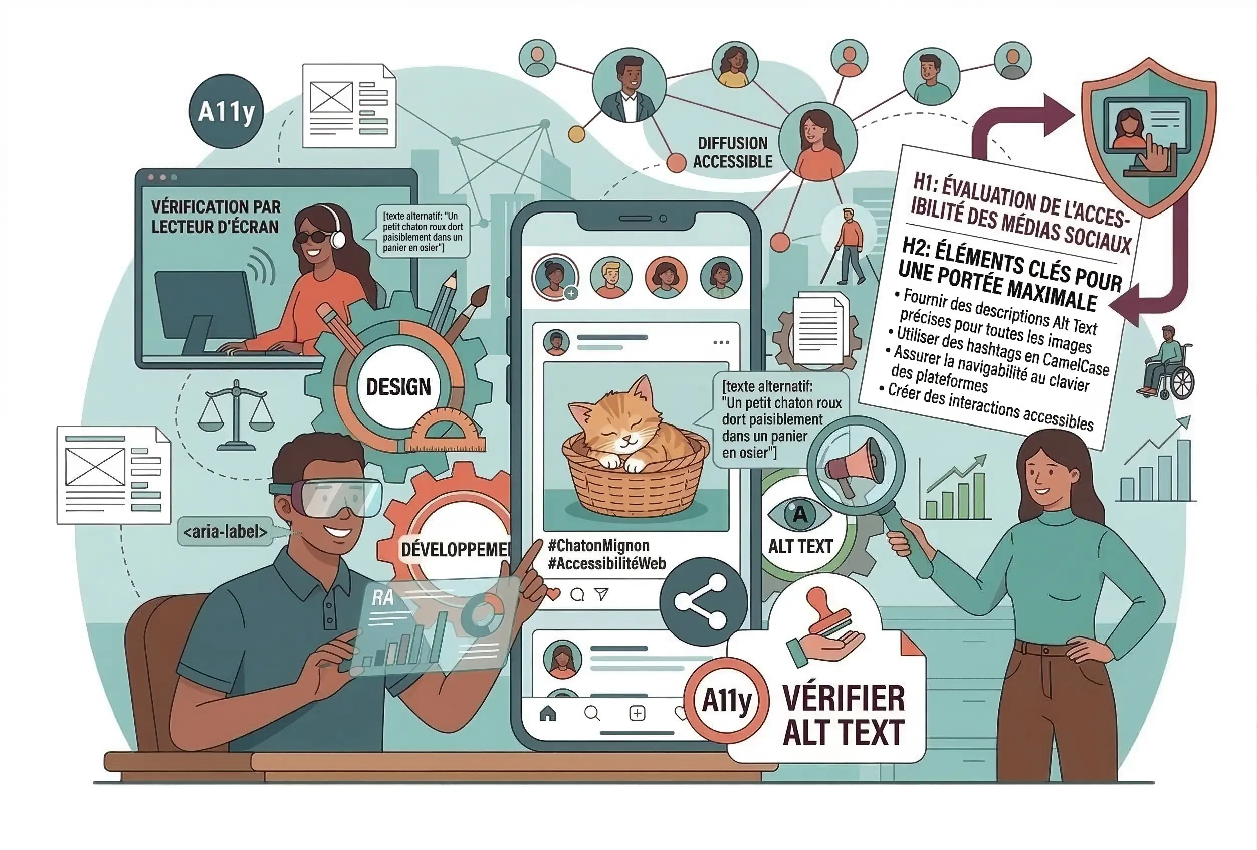 Infographie AccessiWeb expliquant l'accessibilité sur les médias sociaux, soulignant l'utilisation de textes alternatifs (Alt Text) pour les images et de hashtags en CamelCase pour maximiser la portée inclusive.