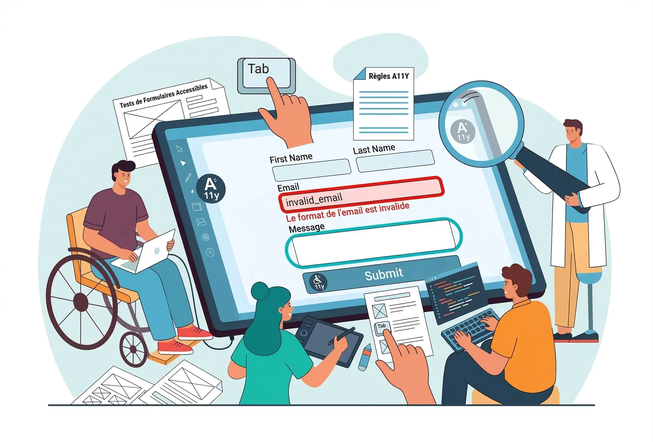 Illustration AccessiWeb détaillant les bonnes pratiques pour l'accessibilité des formulaires en ligne, mettant en évidence la navigation au clavier et la clarté des messages d'erreur.