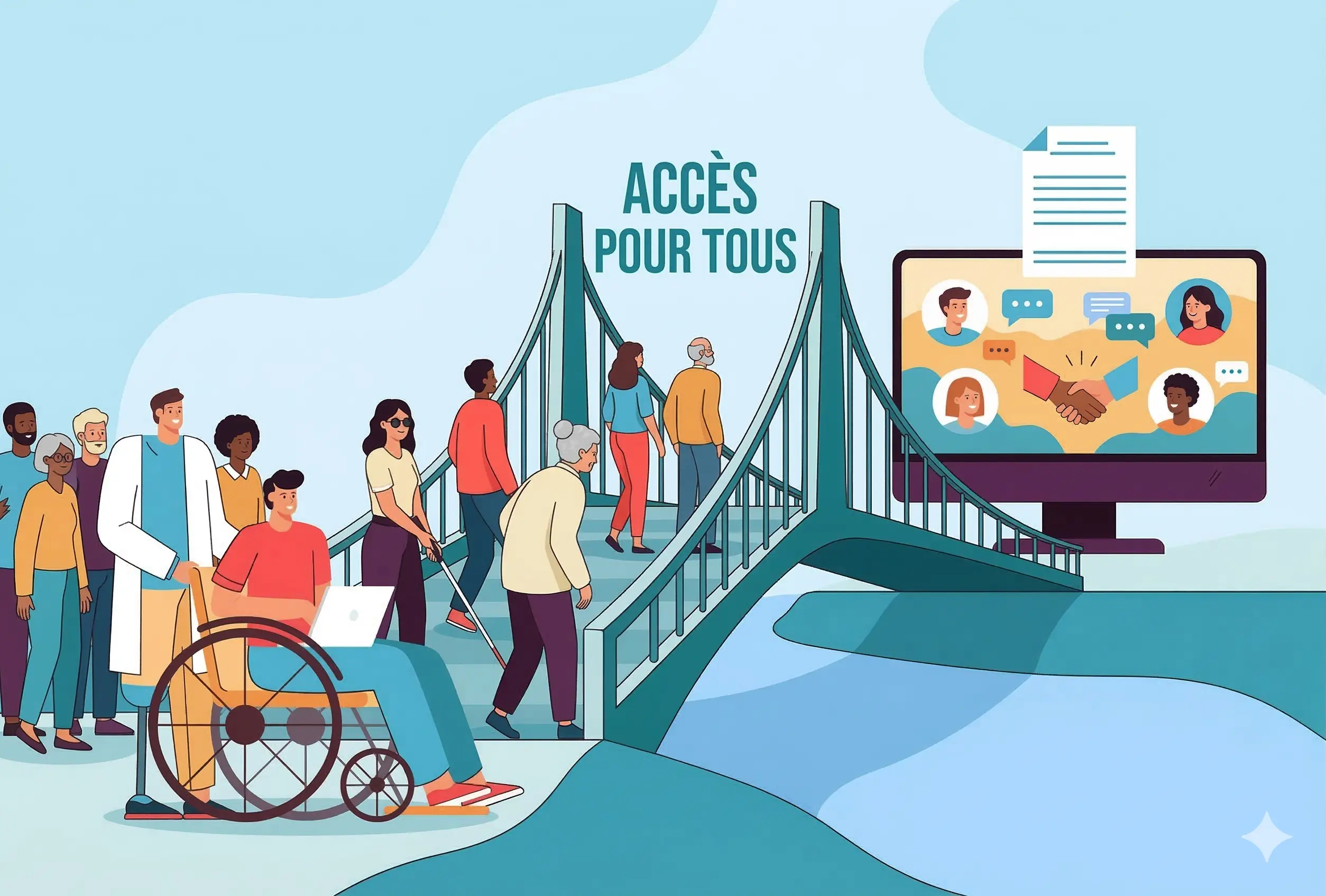Illustration AccessiWeb montrant un groupe d'utilisateurs diversifié traversant un pont vers un monde numérique inclusif avec le texte Accès pour tous, représentant les bases de l'accessibilité web.