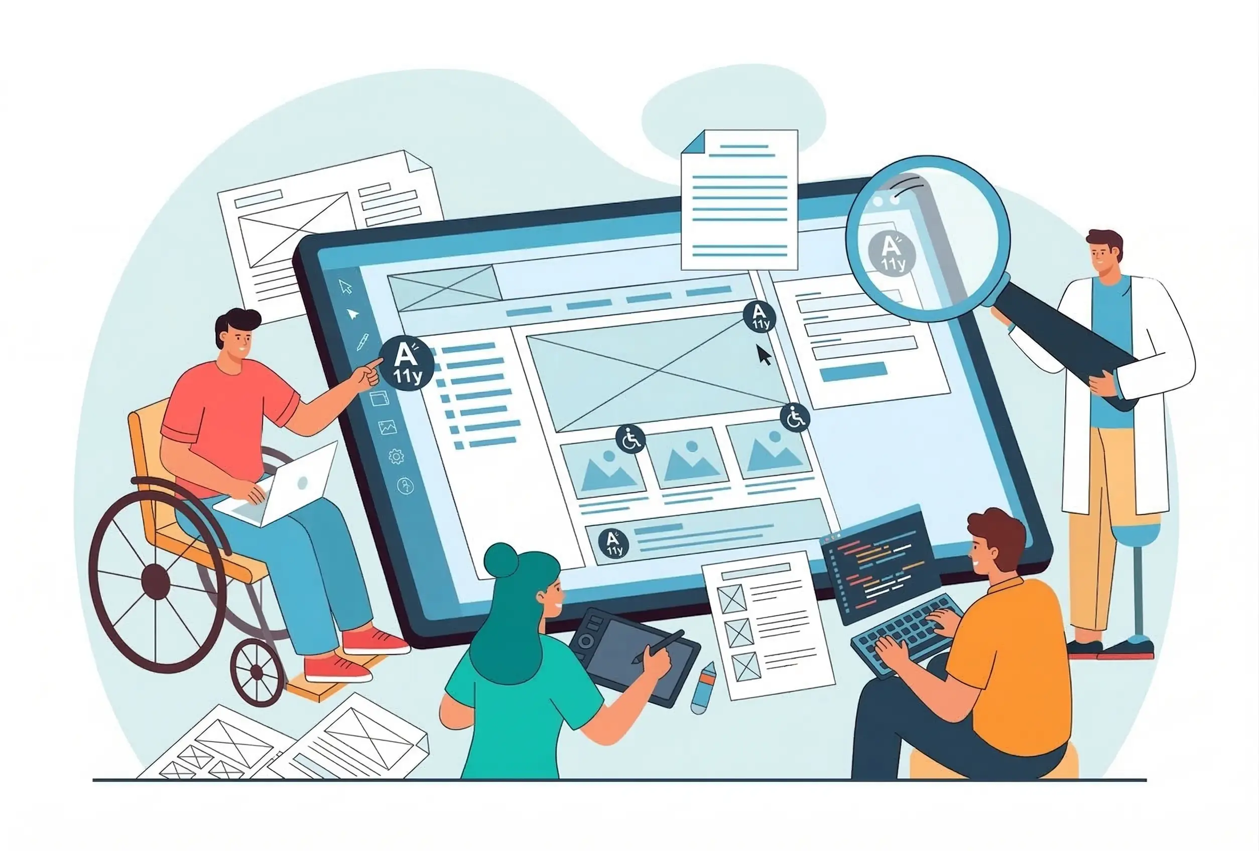 Équipe de conception inclusive AccessiWeb collaborant sur un wireframe de site web, intégrant les principes d'accessibilité (A11y) dès les premières étapes du développement numérique.