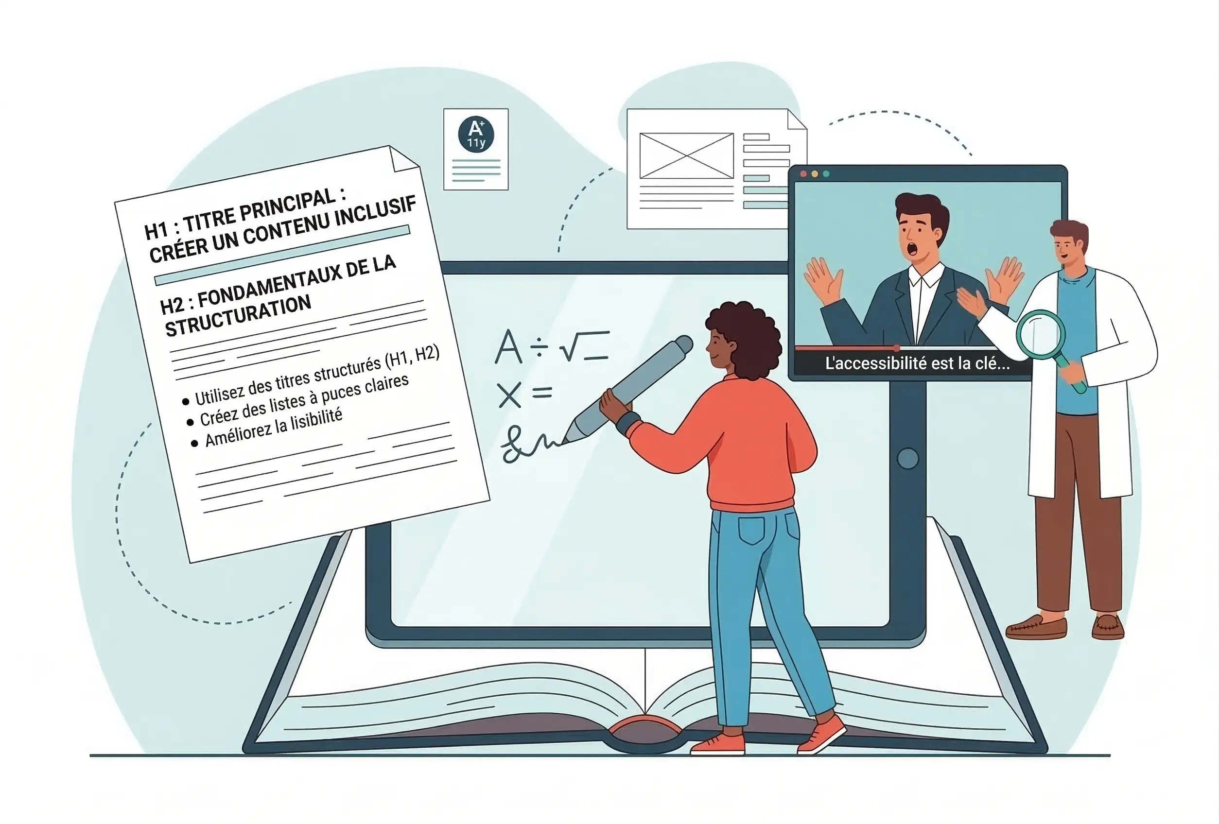 Concept AccessiWeb pour la création de contenus accessibles, montrant la structuration correcte du texte avec des balises H1 et H2 et l'importance des sous-titres pour les vidéos.