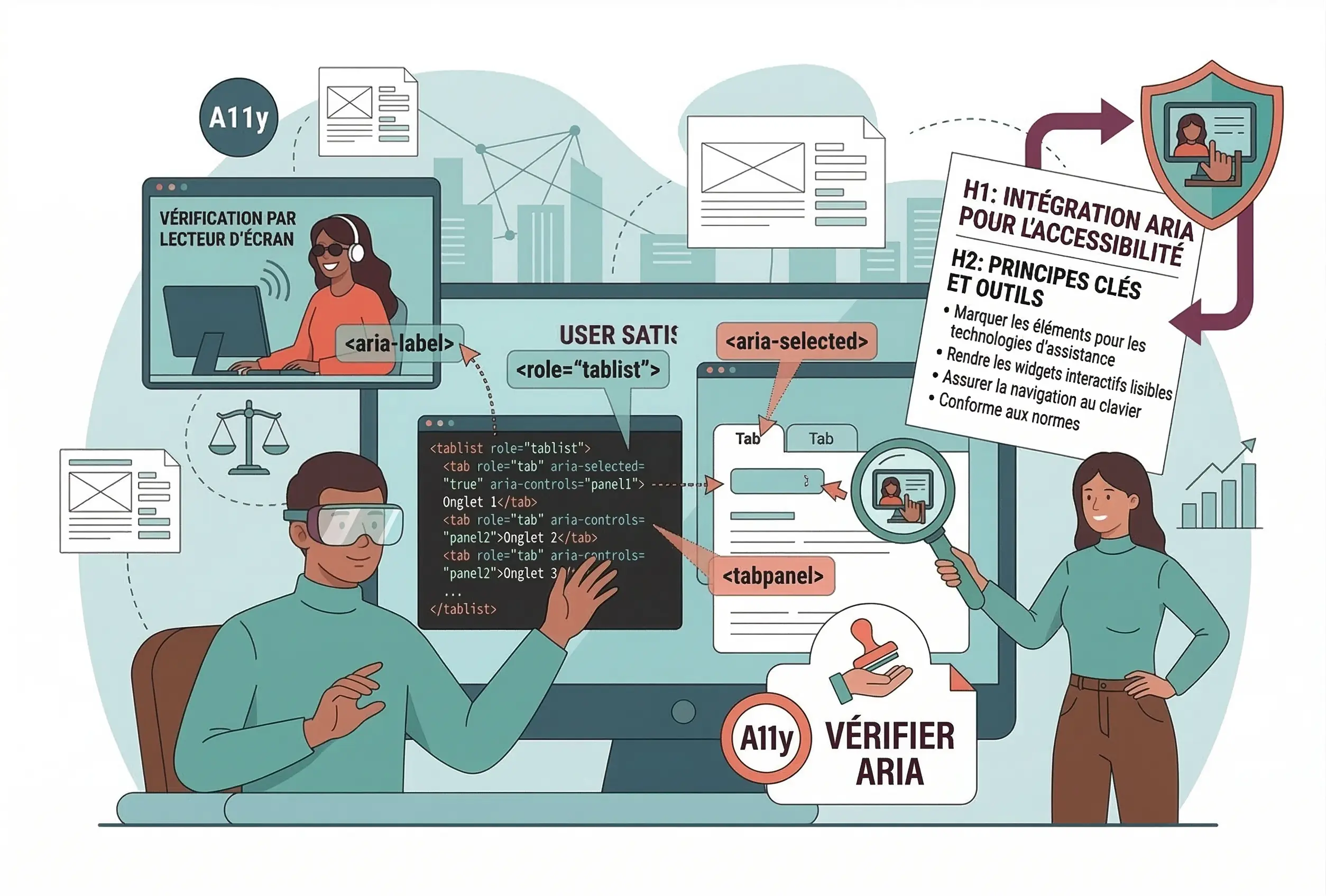 Illustration AccessiWeb sur le développement web accessible avec ARIA, montrant un développeur utilisant des balises aria-label et role pour rendre une interface lisible par les lecteurs d'écran.