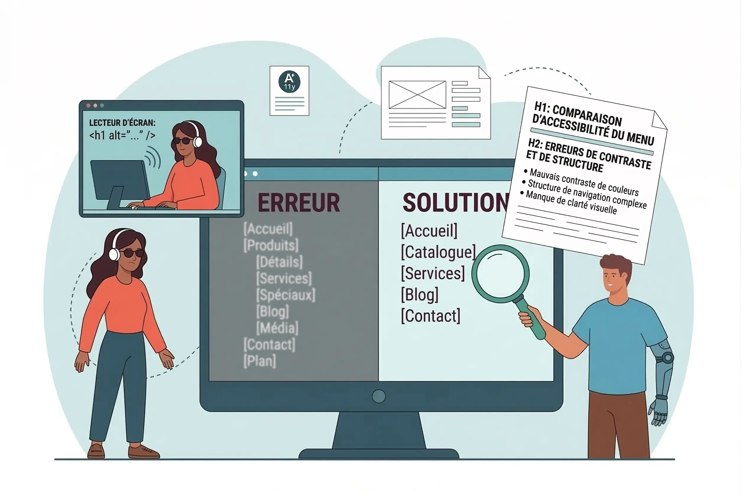 Comparaison AccessiWeb montrant les erreurs courantes d'accessibilité web et leurs solutions, en soulignant l'importance d'un bon contraste de couleurs et d'une structure de navigation claire.