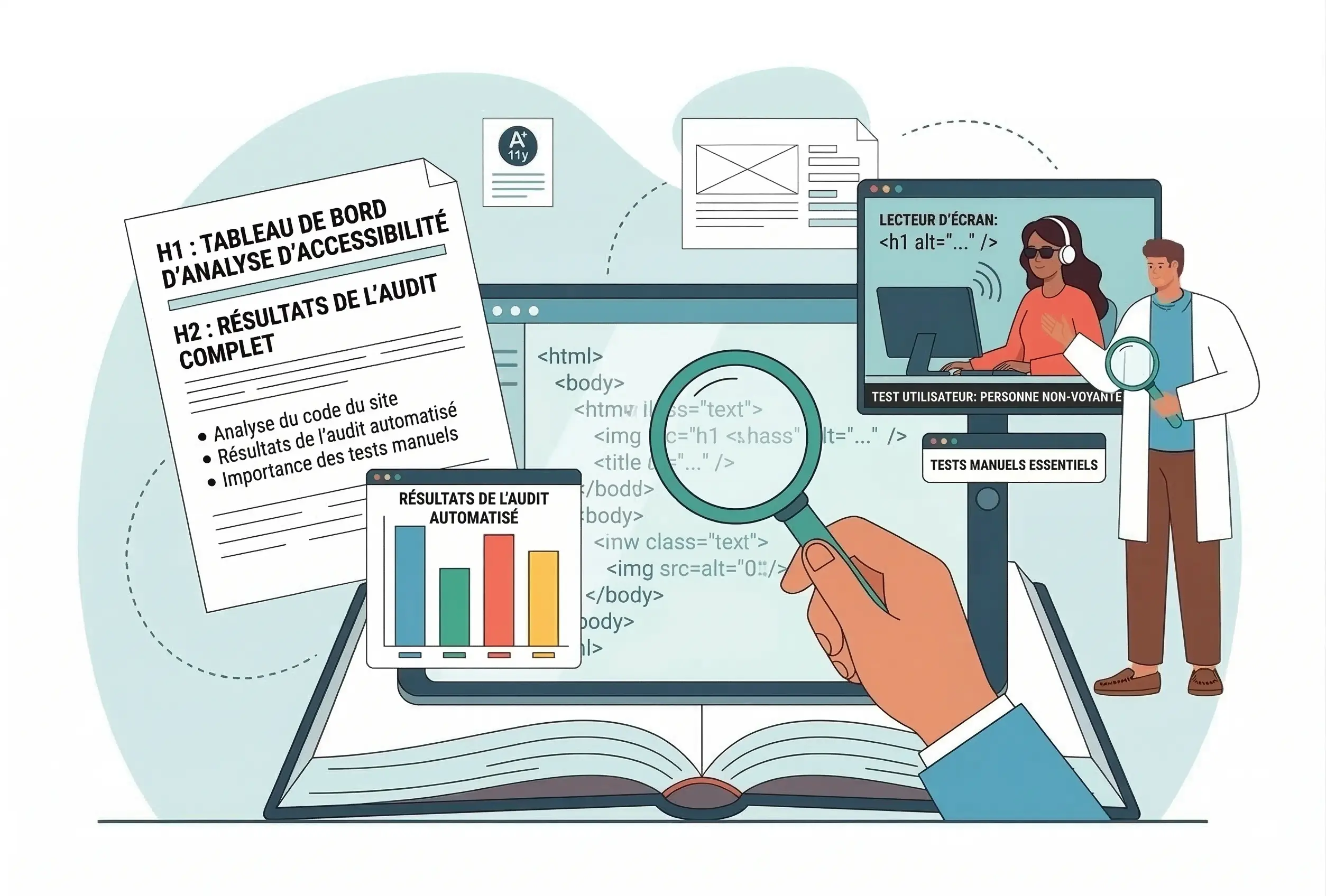 Tableau de bord AccessiWeb illustrant les méthodes d'évaluation de l'accessibilité web, combinant l'analyse automatisée du code HTML et les tests utilisateurs manuels avec lecteur d'écran.