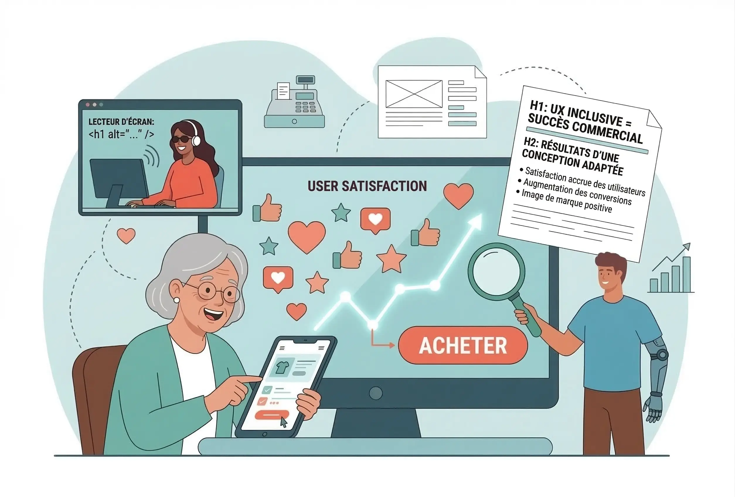 Infographie AccessiWeb démontrant comment l'accessibilité améliore l'expérience utilisateur (UX inclusive), augmentant la satisfaction client et favorisant le succès commercial lors du parcours d'achat.