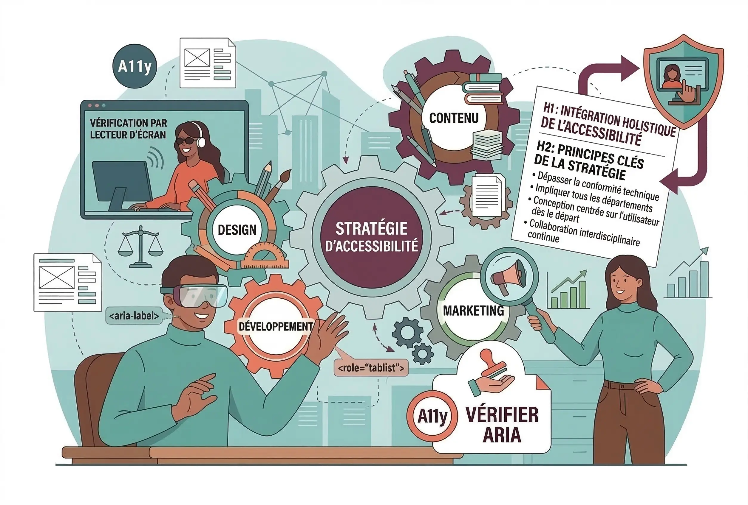 Schéma AccessiWeb en forme d'engrenages illustrant l'intégration de l'accessibilité dans une stratégie globale, reliant le design, le développement, le contenu et le marketing pour une inclusion holistique.