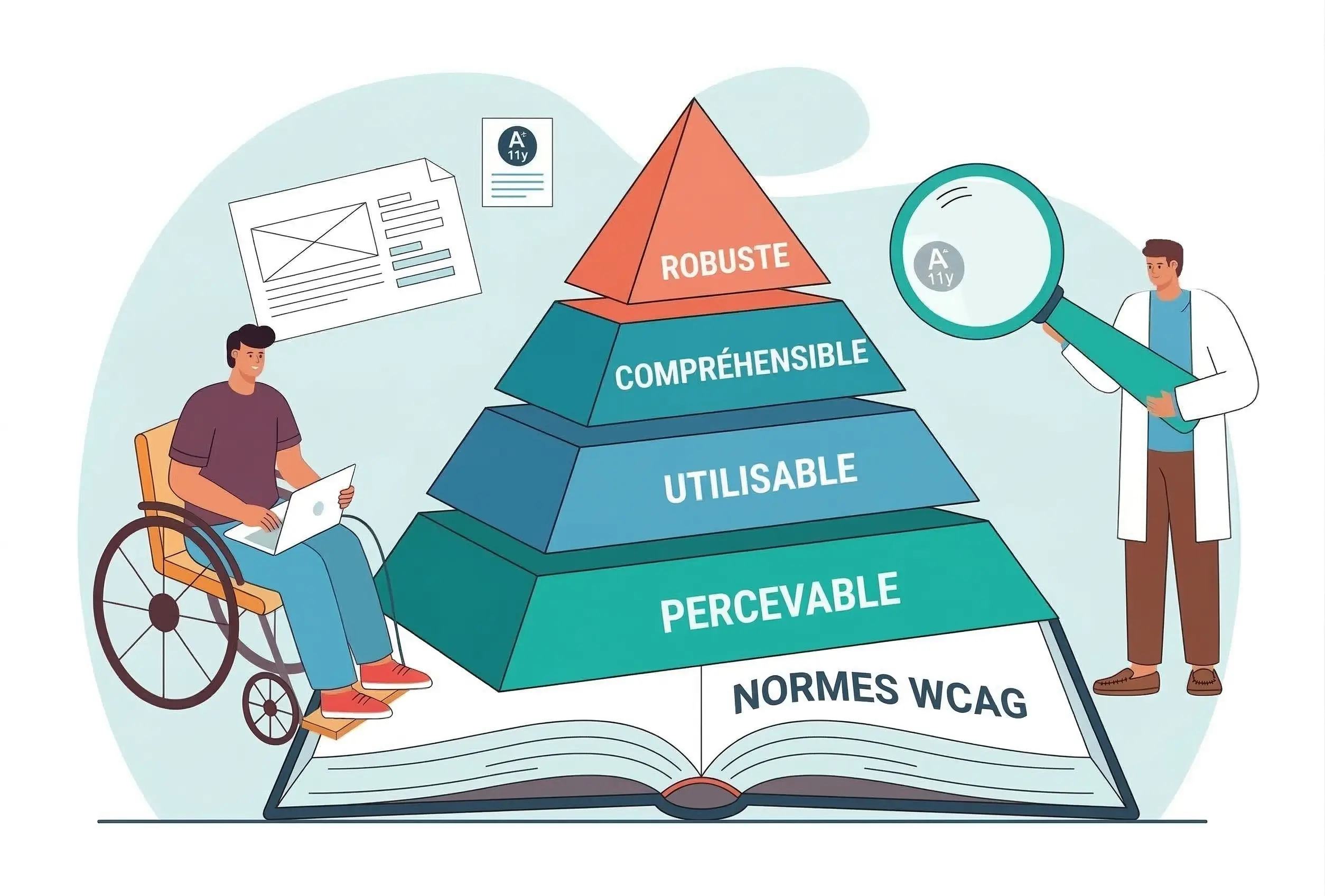Schéma AccessiWeb en forme de pyramide illustrant les quatre principes fondamentaux des normes WCAG (Percevable, Utilisable, Compréhensible, Robuste) pour la conformité de l'accessibilité web.