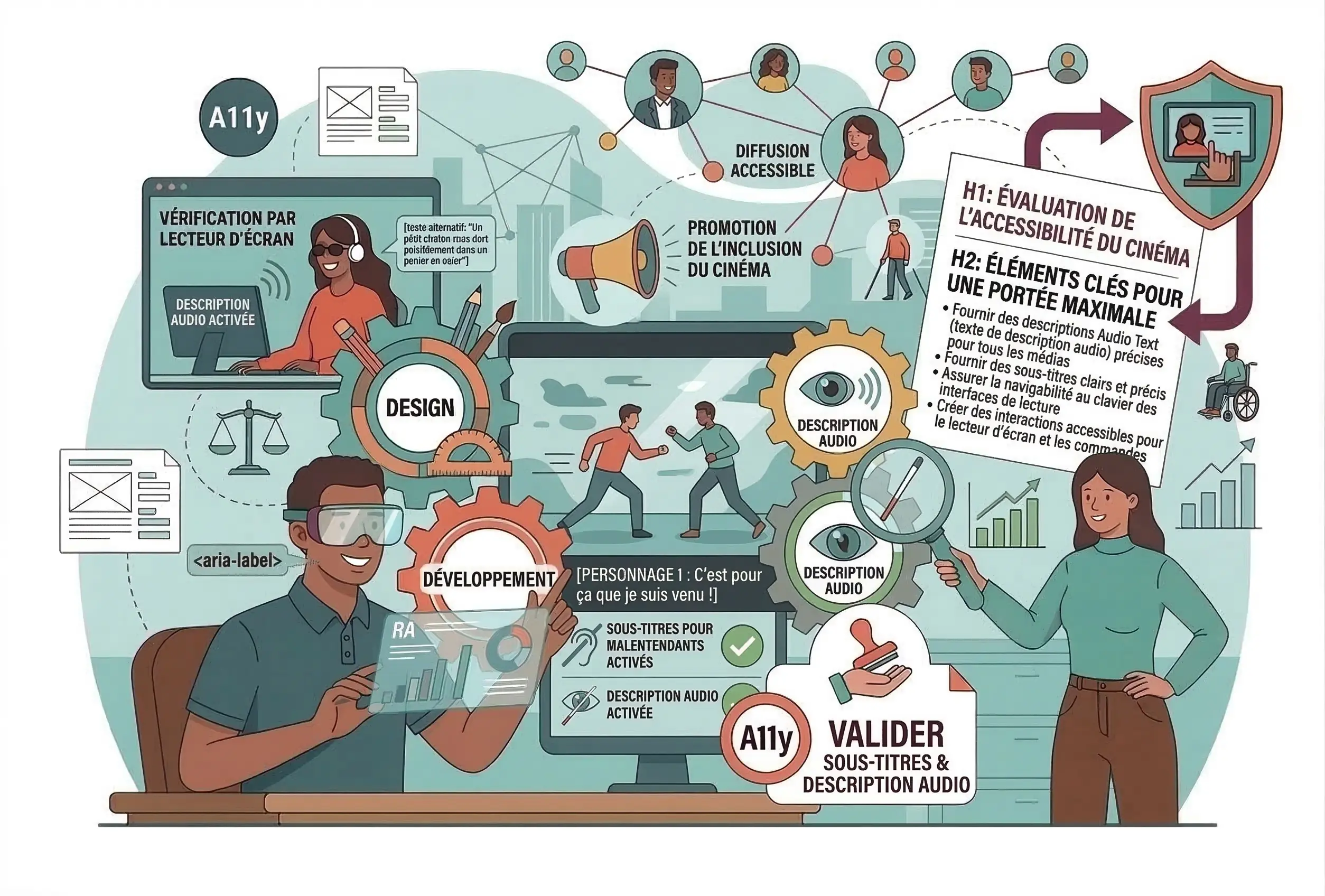 Concept AccessiWeb pour optimiser l'accessibilité des vidéos en ligne, mettant en évidence l'importance des sous-titres pour malentendants et des descriptions audio pour malvoyants lors d'une scène d'action.