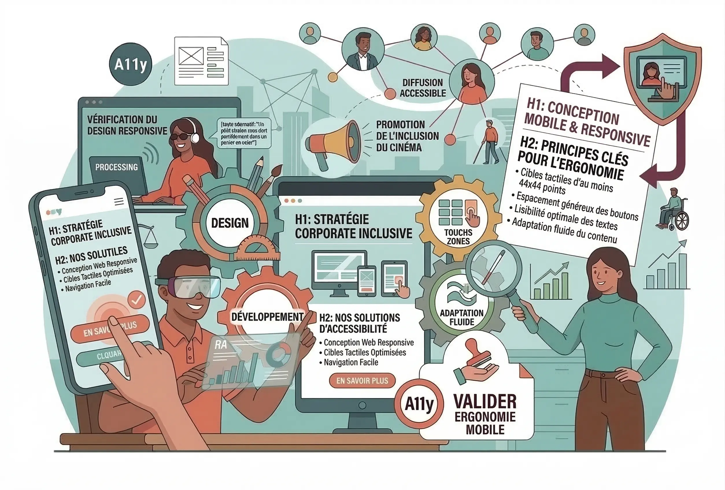 Guide AccessiWeb sur l'ergonomie mobile et le responsive design, montrant comment des cibles tactiles larges et une adaptation fluide sur smartphone, tablette et bureau garantissent une navigation accessible à tous.